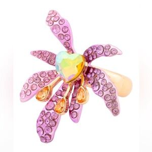 Betsey Johnson Garden Glam Iris Flower Stretch Ring Purple Crystal NWT